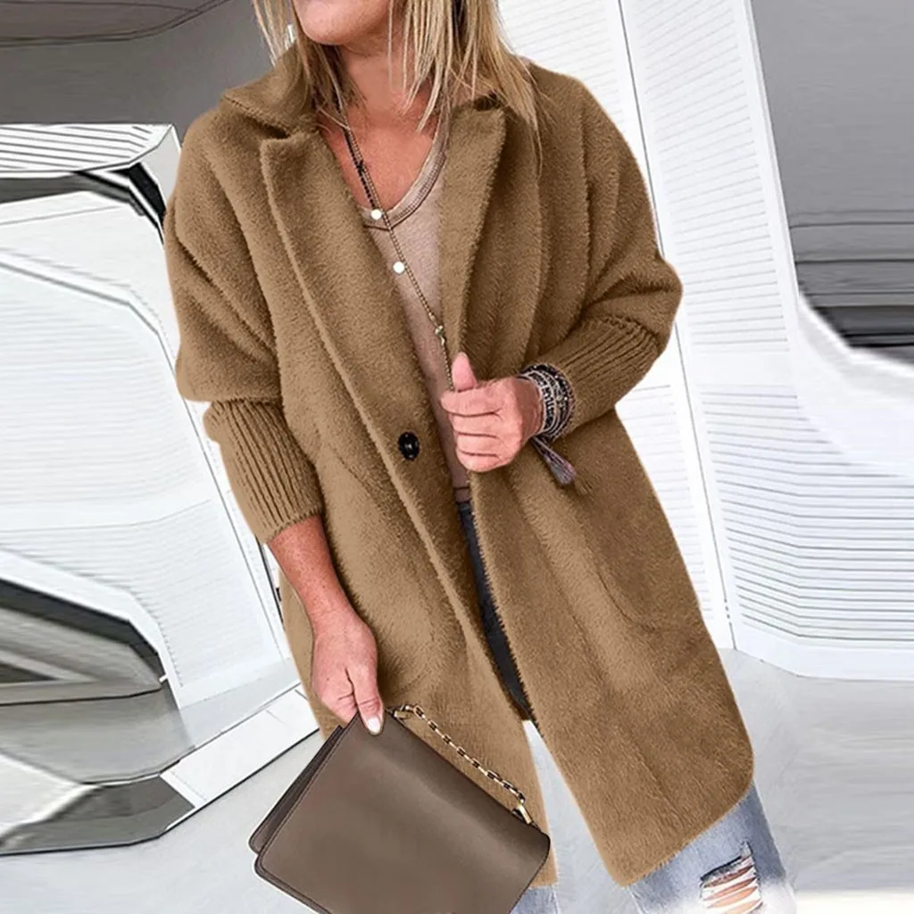 KANCOOLD пальто для женщин, теплая зимняя верхняя одежда с отворотами и карманами, длинная верхняя одежда, топы с отворотами, модные новые пальто и куртки для женщин 2019Oct3 - Цвет: Коричневый