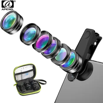 

APEXEL New Phone Camera Lens Kit 6 in 1 Fish Eye Lens 205 Degree Wide Angle 25X Macro Lens CPL/Star ND32 Filter for Smartphones