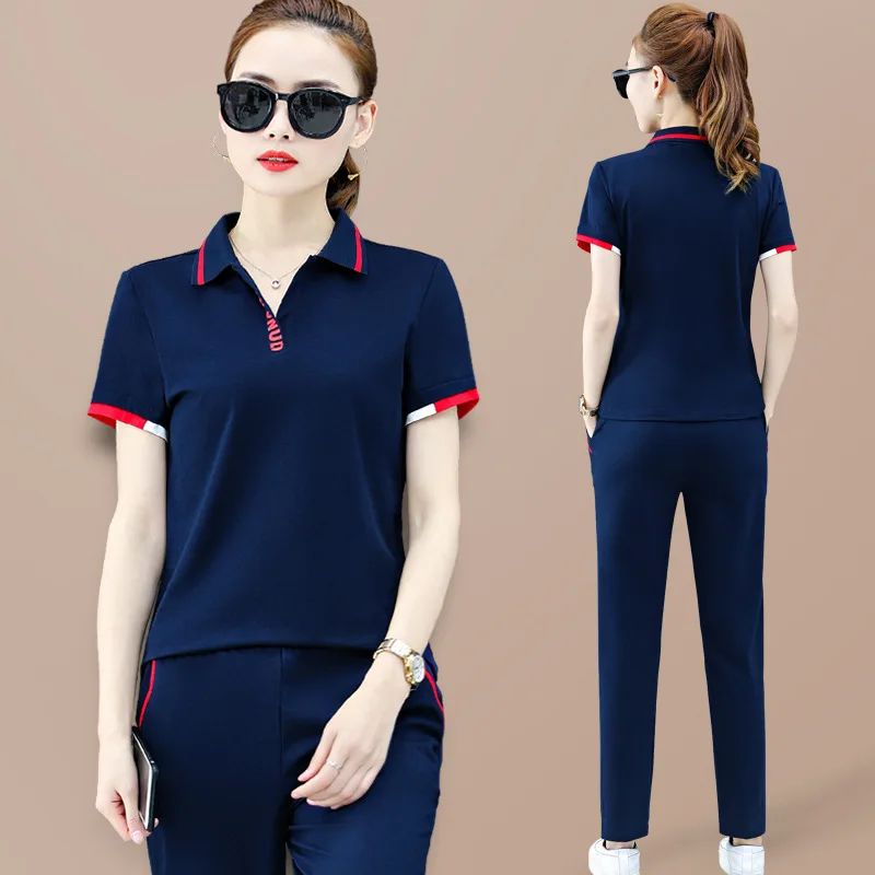 Отложной воротник короткий рукав Повседневная Спортивная одежда женский костюм Лето стиль свободный крой стройнящие Брюки для похудения тре