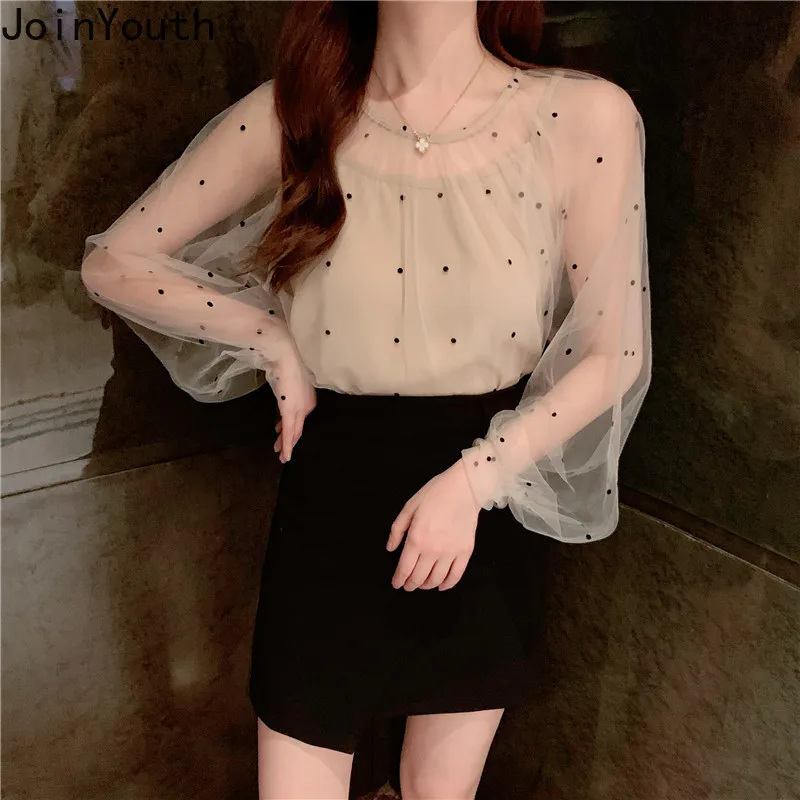 

Joinyouth Korean Women Two Pieces Shirts Spring 2020 Polka Dot Mesh Long Sleeve Transparent Blouse Top Camis Set Blusas 58626
