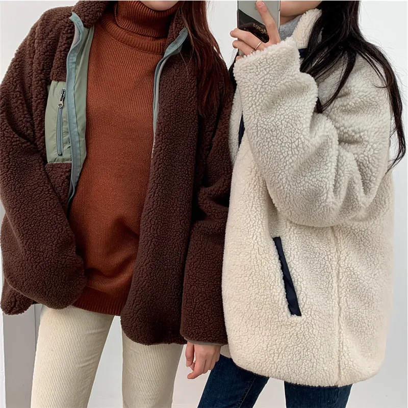 

MUMUZI Autumn and winter lambskin stand collar parkas zipper coat color matching student jacket coat large size outwear