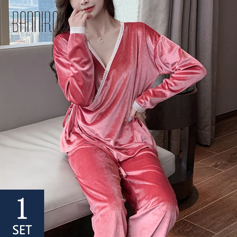 

BANNIROU Women's Sexy Kimono Velvet Pajamas Set Soft Home Clothes Winter Home Wear Suits Female Pajamas Cute New Sleepwear 2020
