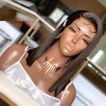 

Short Silky Straight Jet Black Synthetic Wigs 13*4 Lace Front Wigs For Women High temperature African American Hair Daily Wig