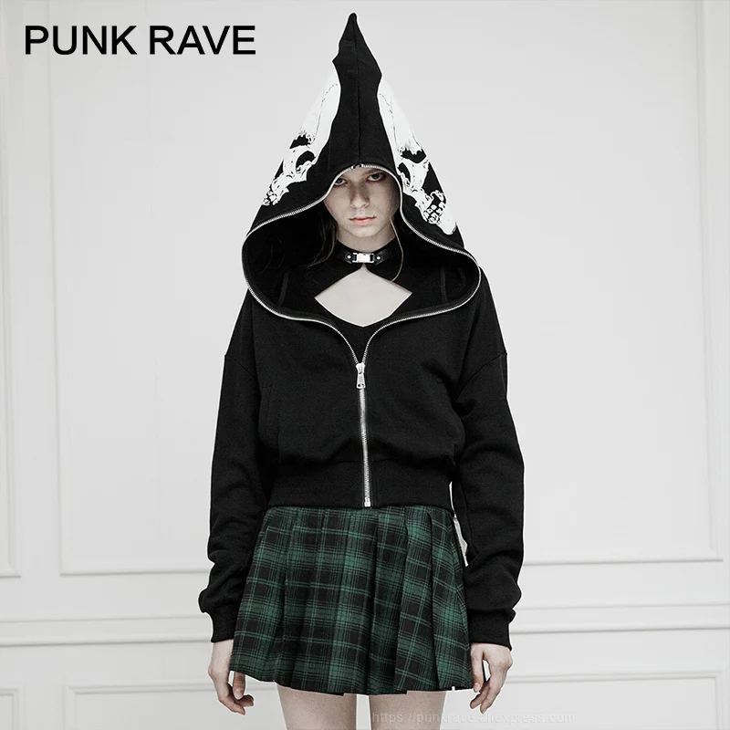 

PUNK RAVE Women's Punk Rock Big Skeleton Hat Short Jacket Streetwear Long Sleeve Personality Harajuku Gothic Club Jacket