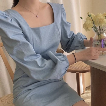 

iMucci 2020 Summer Korean Chic Niche Milk Soft Blue Display White Square Collar Waist Slim Small Bubble Sleeve Dress Female