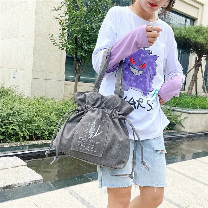 2021 Vintage Drawstring Bucket Bag Girls Solid Canvas Shoulder Bags Casual Letter Handbag For Women High Quality Tote Bag Gifts