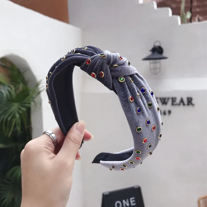 191010 gray Vintage Colorful Rhinestone Hair Bands For Women Hair Clips Velvet Turban Headband Girls Hair Accessories haar accessoires - Цвет: 191010 gray