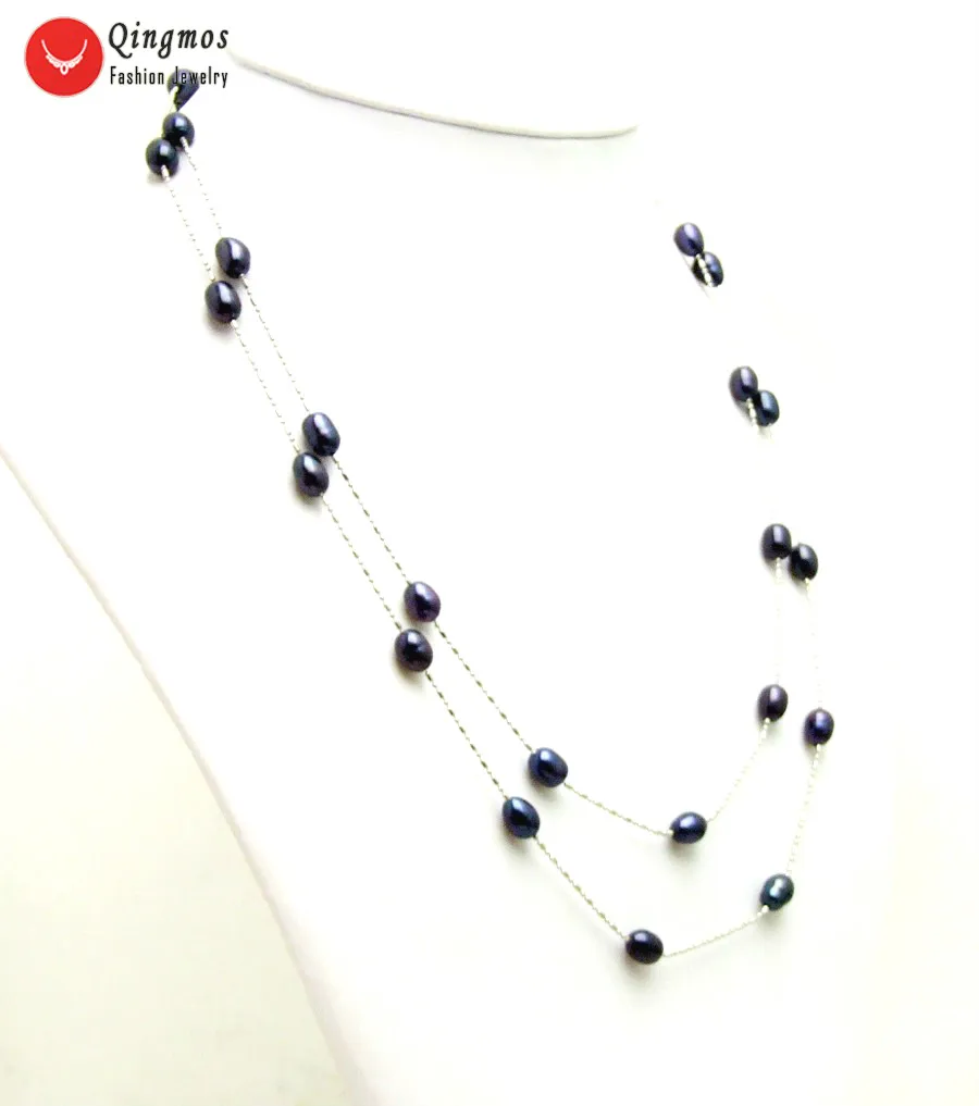Qingmos Natural Black Pearl Necklace for Women with 6-7mm Rice Freshwater Float 46&quot Long Chain Fine Jewelry n6475 |