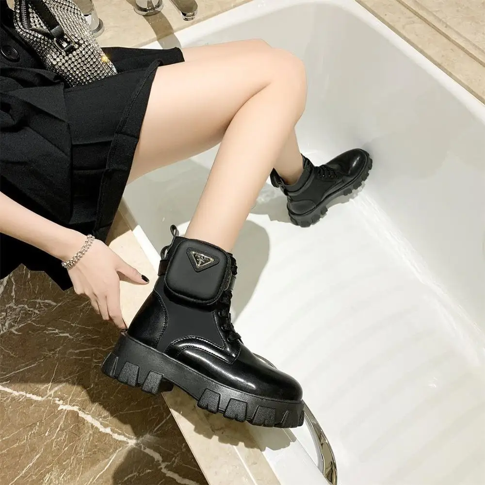 

Winter Shoes Motorcycle Ankle Wallet Combat Boots Women Platform Artificial Leather Chunky Block Heel Shoes Ladies Martin Boots
