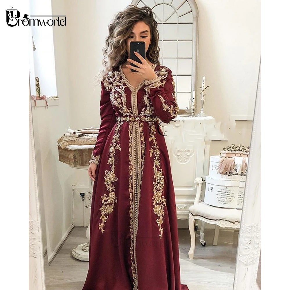 

Luxury Moroccan Caftan Burgundy Evening Gown 2020 Long Sleeves Beading Embroidery Satin A-Line Dubai Muslim Formal Evening Dress