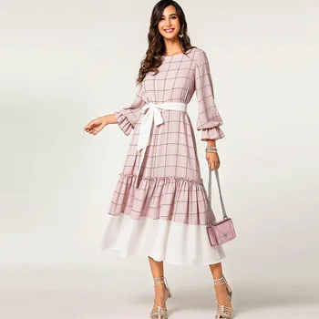 

OLE Autumn/Winter Temperament Women's Crewneck Long Sleeve Contrast Plaid Spliced Dress Big Pendulum