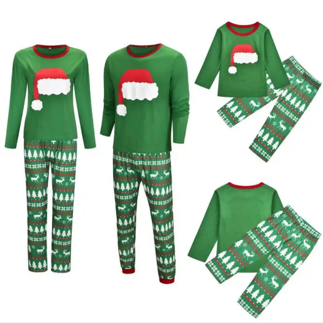 

Winte New Green Christmas Hat Print Christmas Pajamas Set Family Matching Outfit Father Mother Daughter Kids Clothing Sets