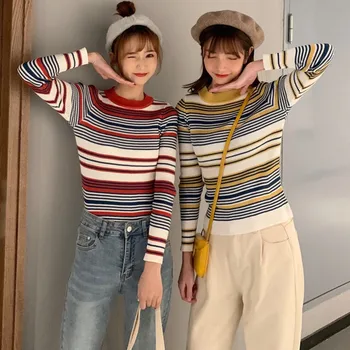 

Stripe Sweater Women Contrast Color Knitted Pullover Long Sleeve O-neck Knitwear Fashion Slim Female Korean Jumper clothing