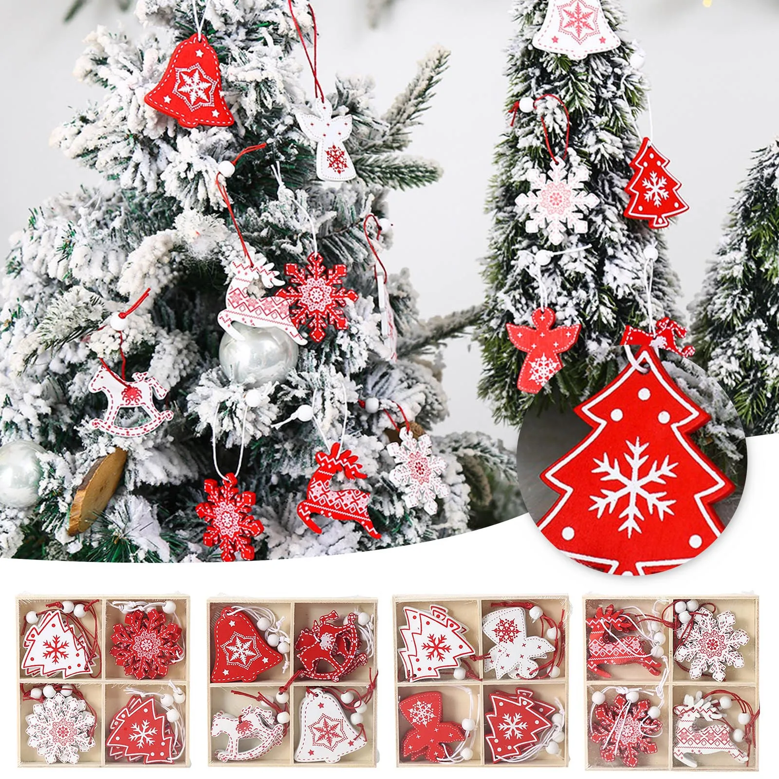 12x Christmas Tree Decoration Wooden Ornaments Xmas Hanging Snowflake/Elk/Angel 