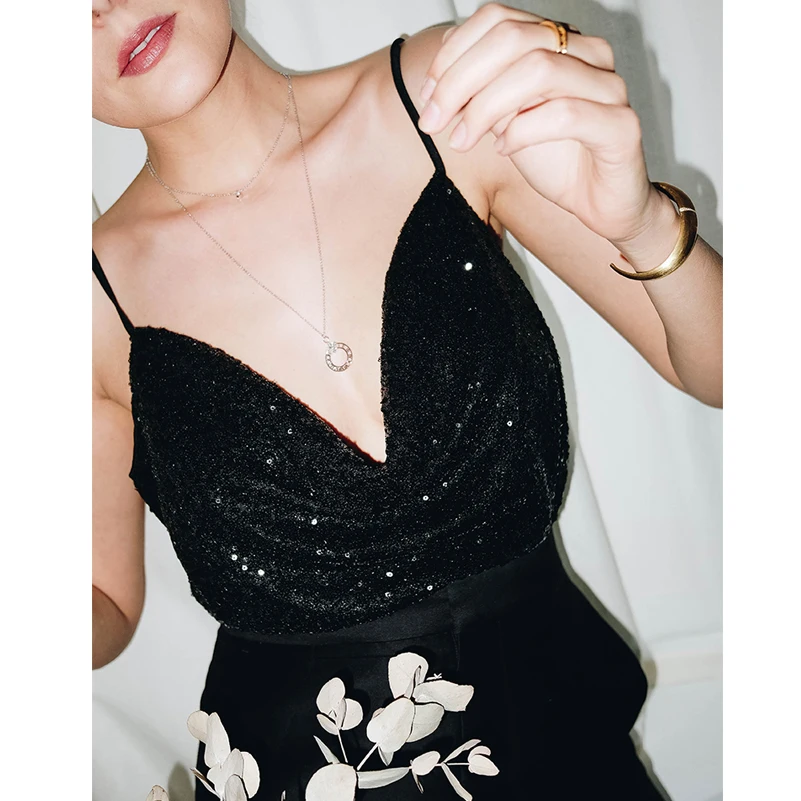 Для женщин топ на бретелях без рукавов, сексуальный женский с v-образным вырезом, украшенное пайетками бретели клуб для девочек, платье на тонких бретелях топ с повязками Летний жилет