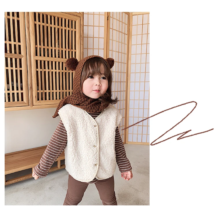 Children Knitted Hat Autumn and Winter Toddler Girl Neck Ear Protection One Baby Winter Warm Wind Hat Small Ball Baby Girl Cap