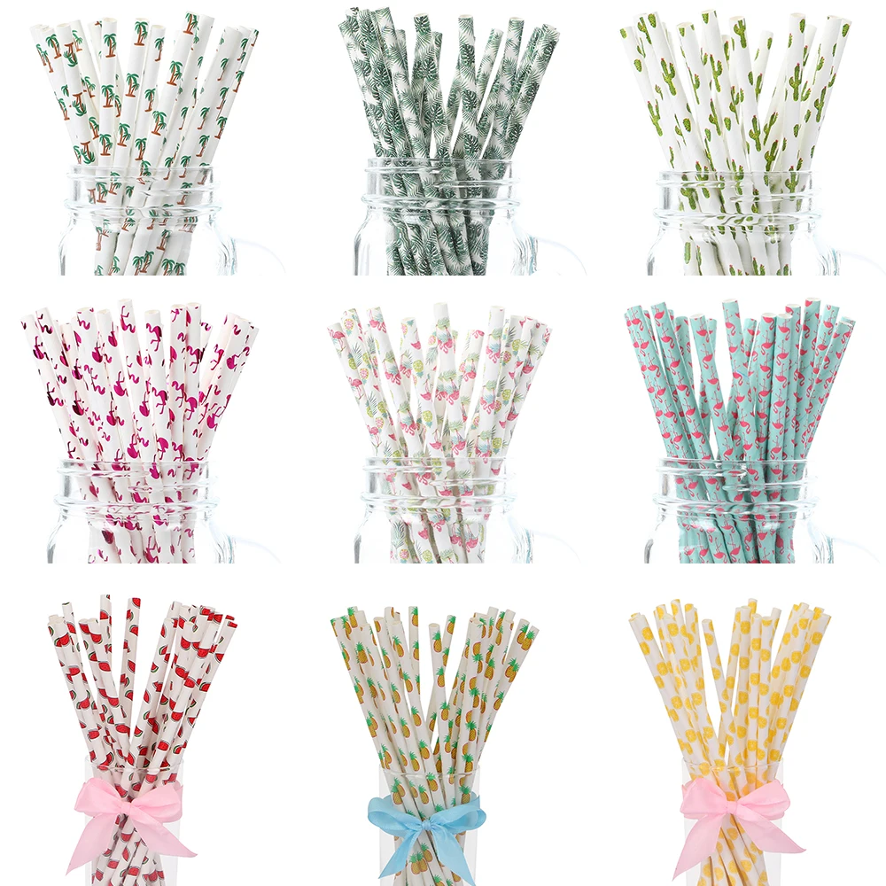 25pcs Colorful Drinking Paper Straw Summer Tropical Theme Flamingo Pineapple Cactus Straws Disposable Hawaii Party supplies | Дом и сад