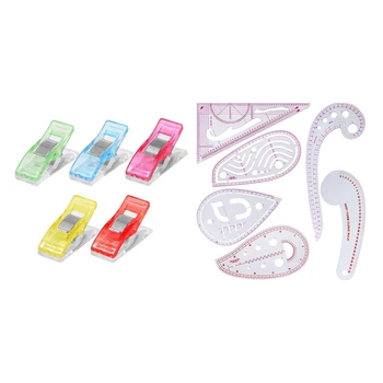 

100 Pcs Plastic Clip Clamp Patchwork Sewing DIY Craft & 6 Pcs French Metric Ruler Plastic Sewing Tools