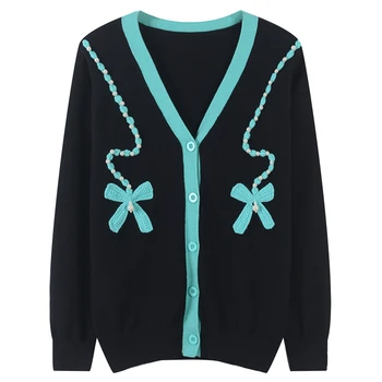 

Casual V-Neck Flowers Embroidery Cardigan Sweater Women Single Breasted Pearl Beading Coat Knit Top Pull Femme Autumn Winter