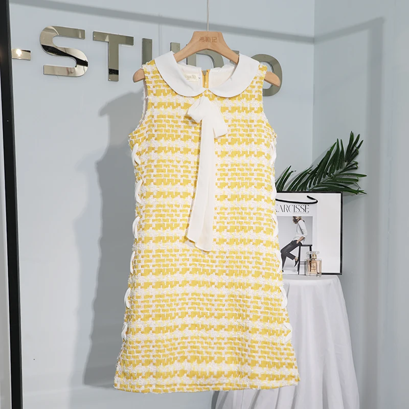 

2019 Autumn Winter Luxury Style High-end Peter Pan collar Tank Vest Bow Tie Dresses Tweed Dress Vestidos Birthday Gift A478