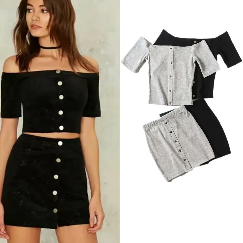 

2018 Amoi Horizontal Neck off-Shoulder Slim Fit Slimming Single-Breasted Knit Sunken Stripe Short Sleeve + Skirt Set J8193