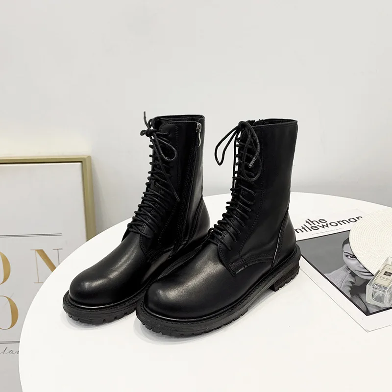 Low Heels booties Women's Short Boot Lady Boots Shoes Luxury Designer Bootee Woman Round Toe Lace Up Mid-Calf Ladies Riding