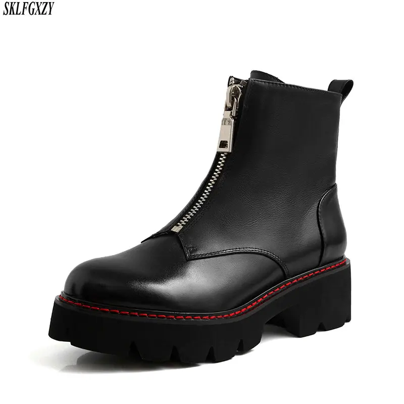 

Women Boots Genuine Leather Boots Black Martens Boots For Women Ankle Boots Dr Motorcycle Shoes Thick Heel Platform Winter Shoes