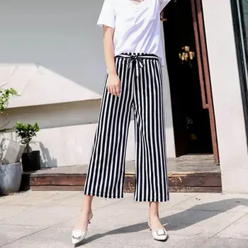 

Wide leg pants women plus size casual trend korean style elastic waist 3/4 wide leg trousers HIgh tie waist Stripe Loose for 90s