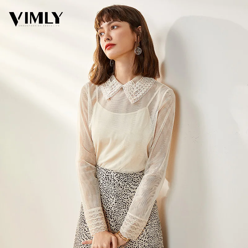 

Vimly Women Lace Mesh Blouse Tops Ladies Elegant See Through Chiffon Blouses Shirts Female Spring Long Sleeve Tops