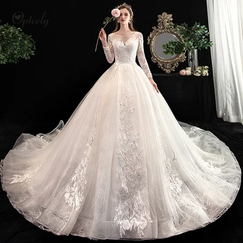 

Optcely Ball Gown Vintage Wedding Dresses Scoop Neck Long Sleeve Backless 2019 Appliques Beaded Sweep Train Bride Princess Gowns