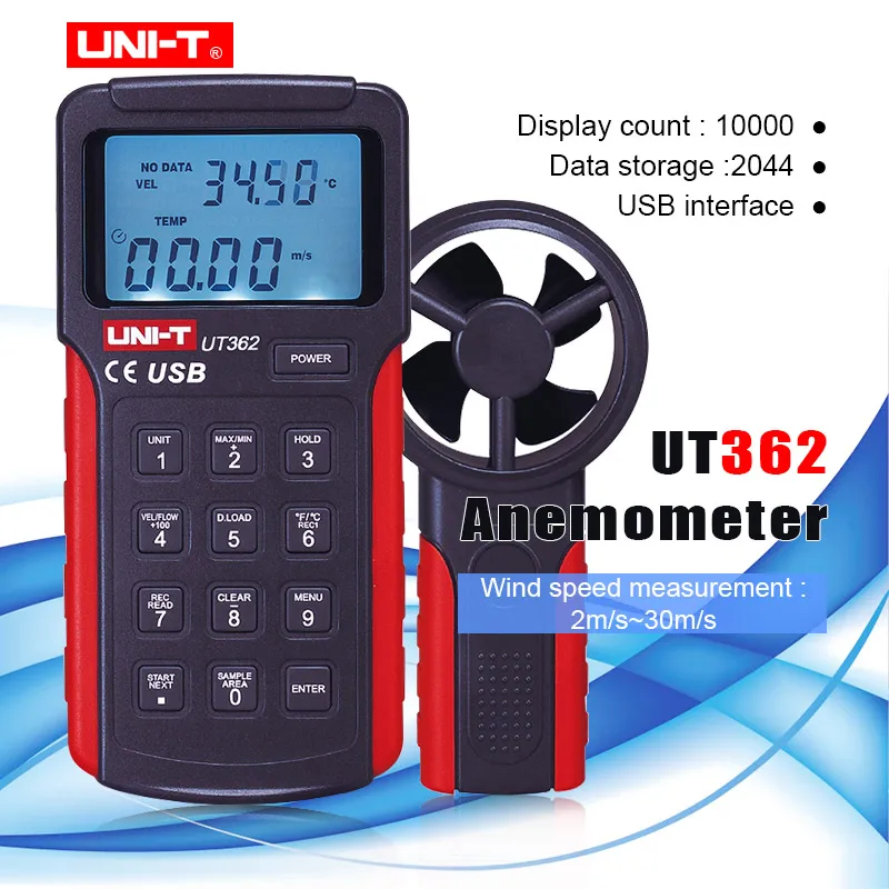 

UNI-T UT362 Wind Speed Meter Tachometer Anemoscope Anemometer can measure temperature/wind speed/wind count with USB interface