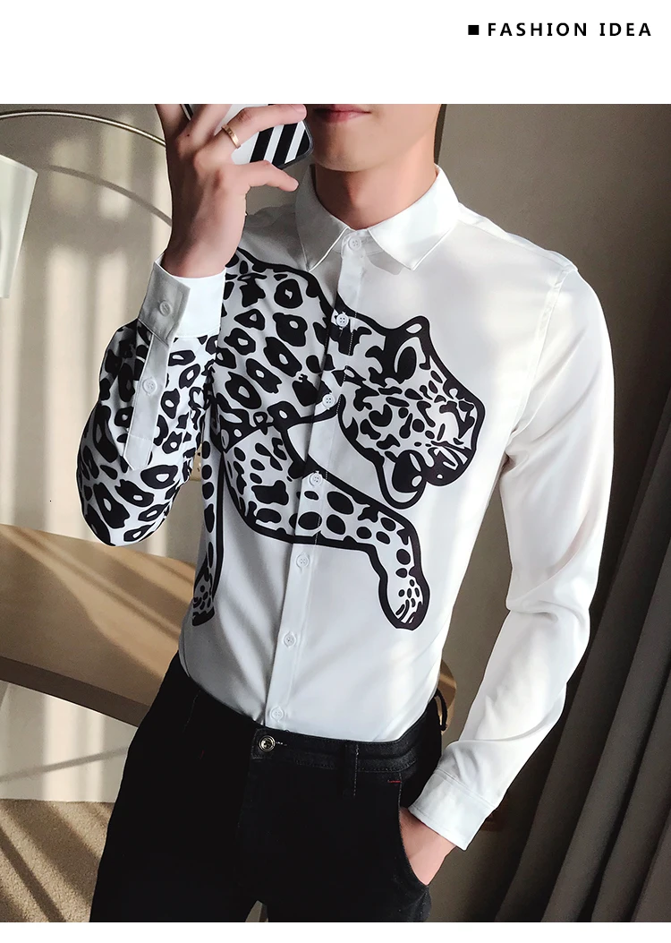 Модная винтажная рубашка с принтом животных MenCamisa Masculina Slim Fit для клубной вечеринки, выпускного вечера, мужская рубашка с принтом Chemise Homme
