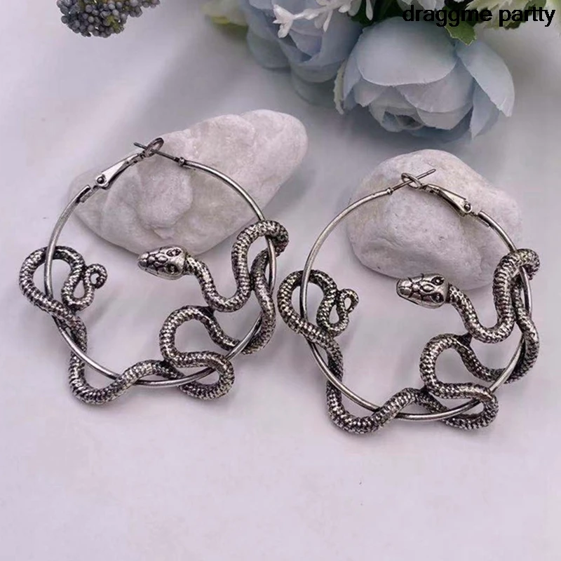 Крутые панк античные животные черные серьги с змейкой Crazy Twining кольца