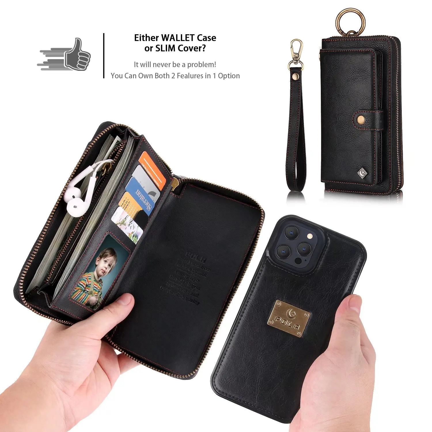 POLA Case For Iphone 15 Pro Max 14 Plus 13 12 11 Multifunction Zipper Business Leather Magnetic Wallet Split Cover