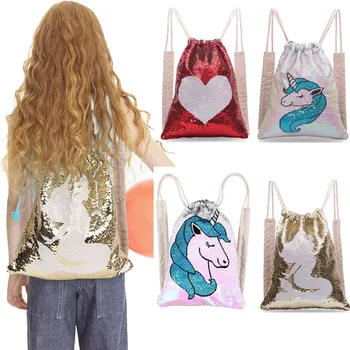 

Mermaid Cartoon Drawstring Bag Girls Unicorn Painting Backpack Magic Reversible Sequins Shoulder Bag Kids School Backpack