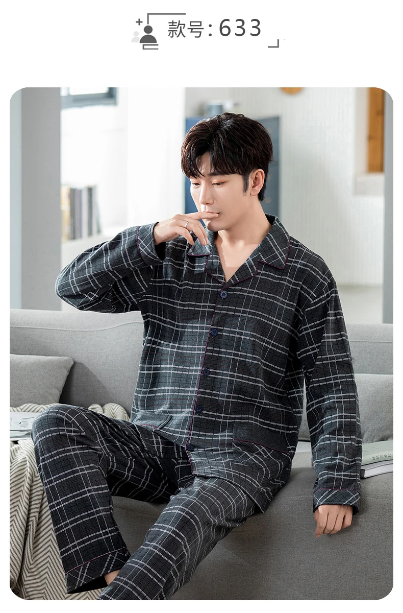 Men Pyjama Set Full Cotton Spring Long Sleeve Print Men Pajama Suit Autumn Nightwear Collar Pijama Male Sleepwear Two Piece 4XL mens cotton pyjamas