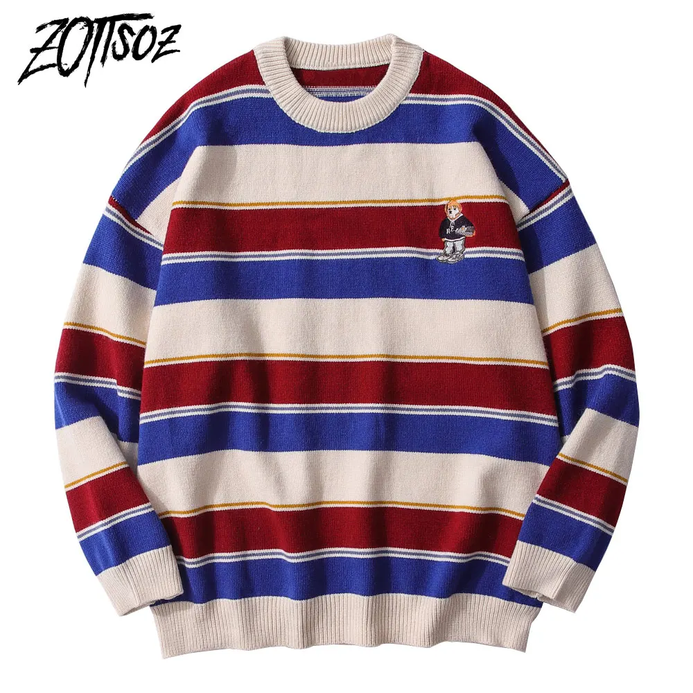 

ZOTTSOZ Jumpers Pullover Casual Fashion Women Knitted Stripe Embroidery Dog Hip Hop Harajuku Streetwear Sweaters Knitwear Tops