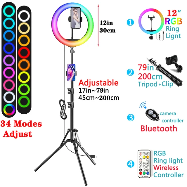 12in 30cm Selfie Ring Light RGB Tripod Phone Stand Holder Photography RingLight Circle Fill Light Led Color Lamp Trepied Makeup 12in RGB Type 9