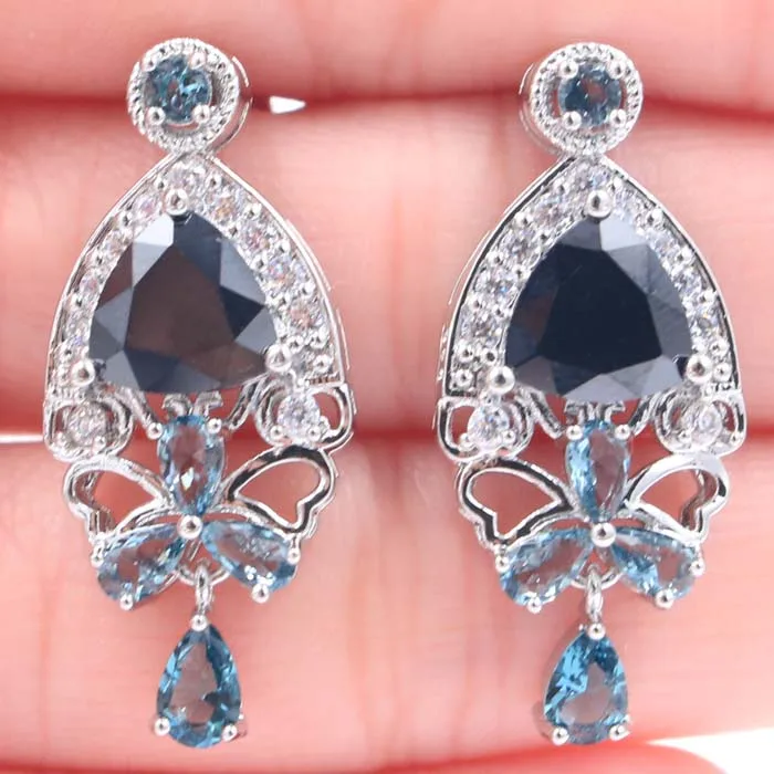 

33x15mm Fantastic London Blue Topaz Black Sapphire CZ SheCrown Woman's Party Silver Earrings