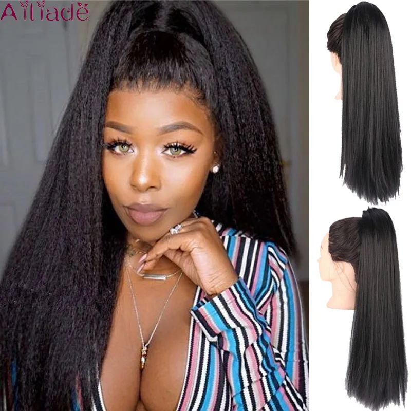 

AILIADE Black Synthetic 20inch Kinky Straight Heat Resistant Hair Yaki Ponytail Extensions Elastic Drawstring With Band Comb