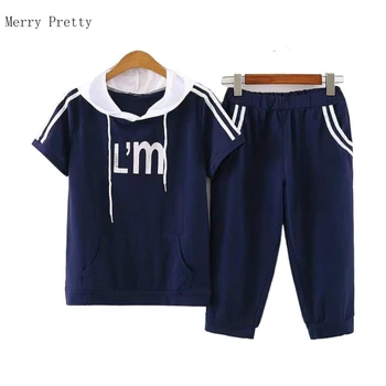 

Women Set Short Sleeve Letter Print Vertical Stripes Hooded Sweatshirts And Elastic Waist Calf Length Pants Summer Two Piece Set
