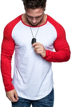 

ZHIJING Spring and Autumn New Style Men Contrast Color Crew Neck Long-sleeved T-shirt Crew Neck Mixed Colors Pleated T-shirt