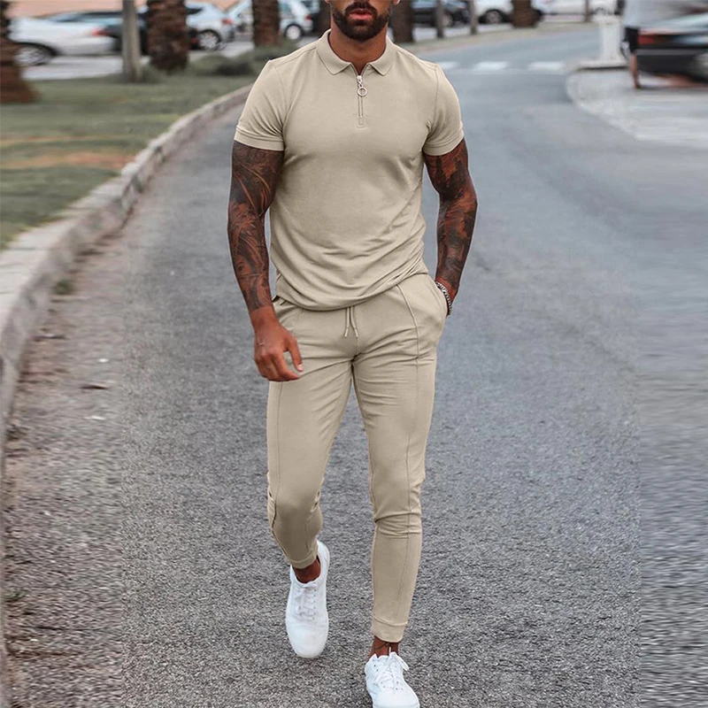 2021 Summer Streetwear Fashion 2 Piece Set For Men Short Sleeve Tops And Drawstring Pants Suits Mens Clothes Casual Solid Outfit - Image 2