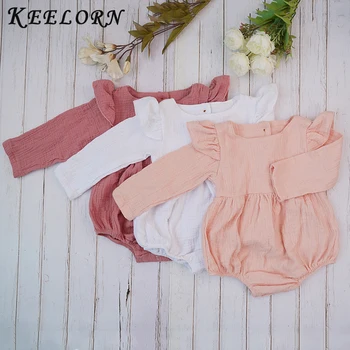 

Keelorn Baby Clothing 2020 New Summer Newbron Cute Bodysuits Solid Romper Long-sleeved Ruffled Jumpsuit with Hats Sweet Suit
