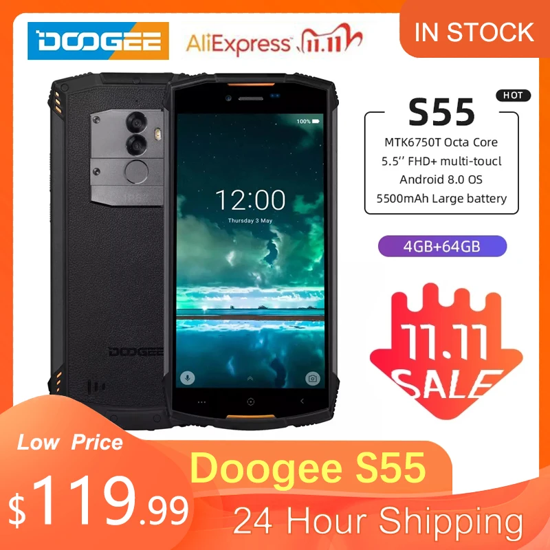 DOOGEE S55 Android 8.0 5.5'' Mobile Phone 4GB RAM 64GB ROM 5500mAh MTK6750T Octa Core Waterproof Fingerprint Dual 13+8 MP OTA |