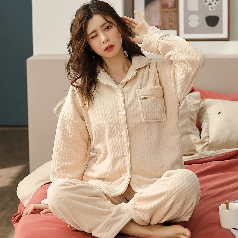 Autumn and Winter Pajamas Women's Smoke Gray Thickened Plus Velvet Two-piece Suit Feminine Home Clothing