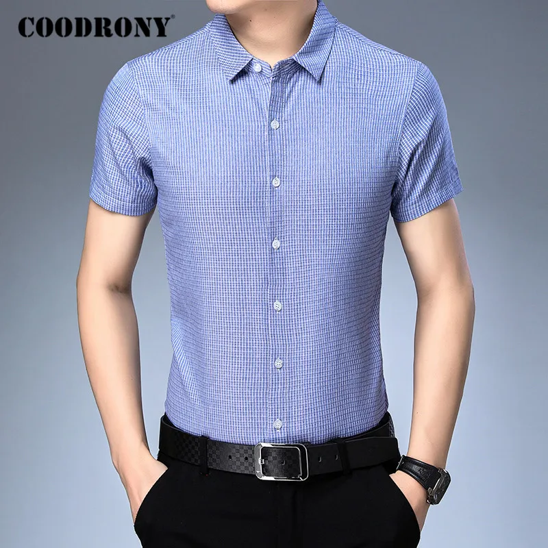 

COODRONY Men Shirt Spring Summer Short Sleeve Business Casual Shirts Mens Clothes Fashion Striped Cotton Camisa Masculina C6016S