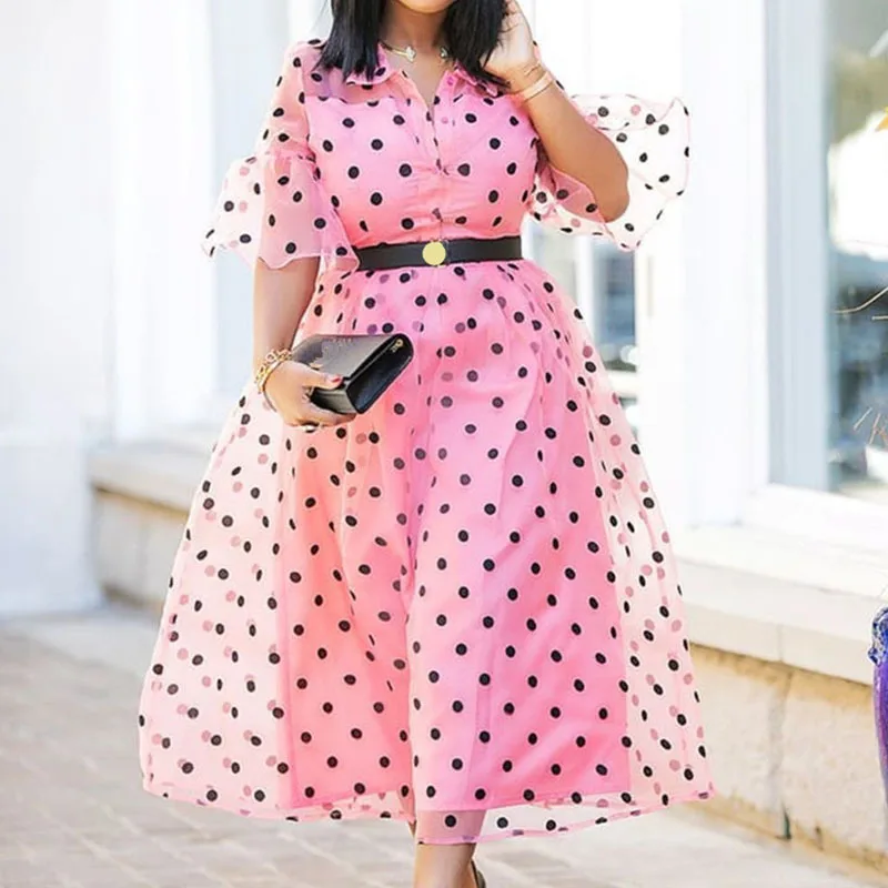 

Women Pink Mesh Polka Dot Printed Dress Autumn Fall Office Ladies A Line Turn Down Collar Ruffles Party Dinner Midi Dress Retro