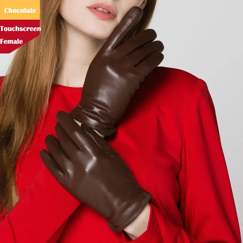 woman chocolate Тачскрин овчины перчатки мужские женские Осень Зима утолщаются вождения плюс бархатные теплые парные перчатки из натуральной кожи TE3613 - Цвет: woman chocolate