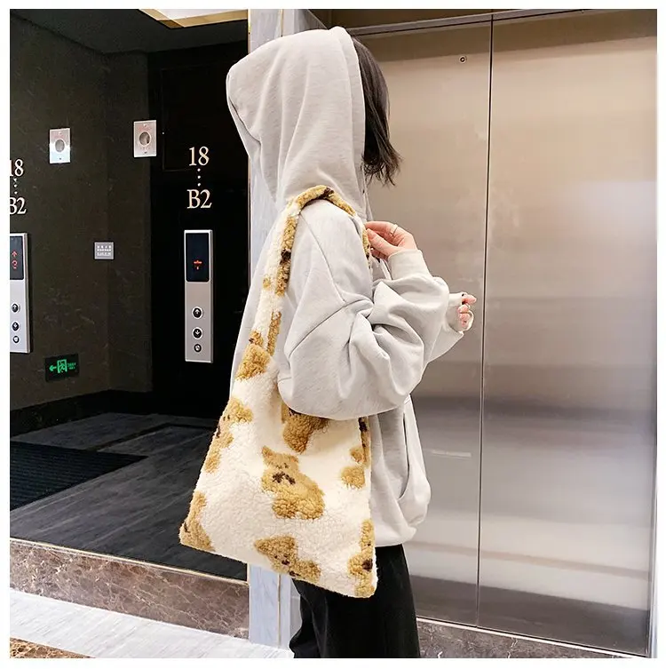 medium shoulder bag Women Lamb Like Fabric Shoulder Tote Bag Canvas Fluffy Fur Bear Handbags Large Capacity Soft Shopping Bags Girls Cute School Bag Shoulder Bags near me
